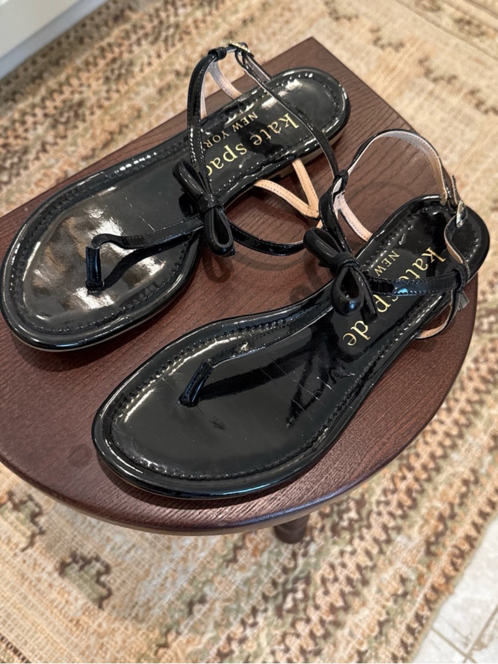 kate spade Black Patent Bow Thong Sandals